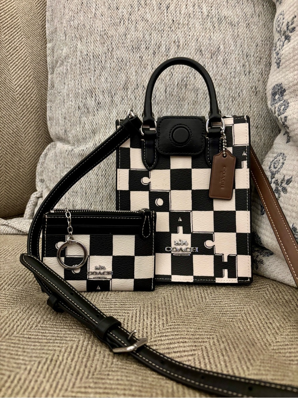 Coach Black & White Checker Mini Tote with Zip Pouch
